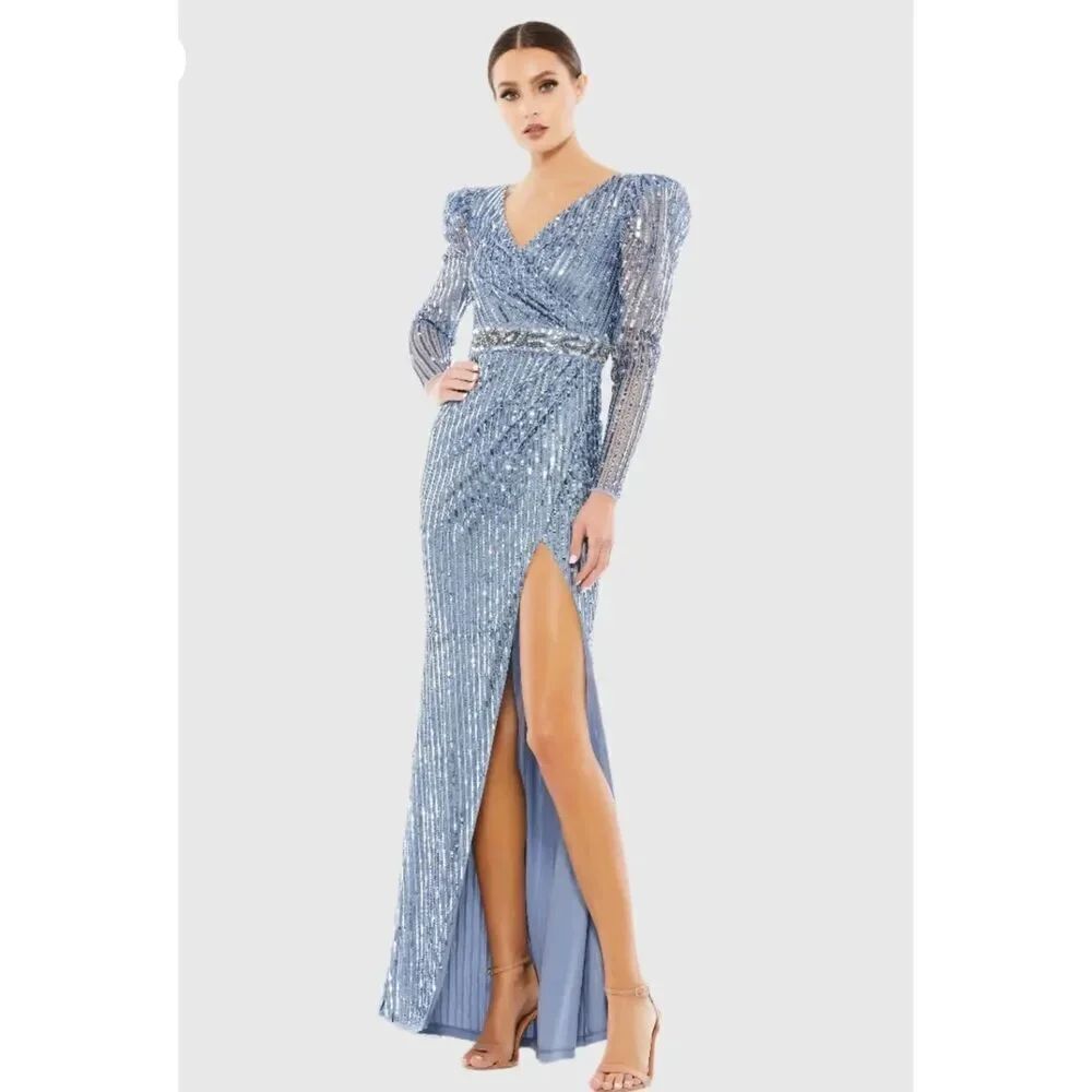 Mac Duggal NWT size 14 Blue Sequin Puff Sleeve Gown style 93549